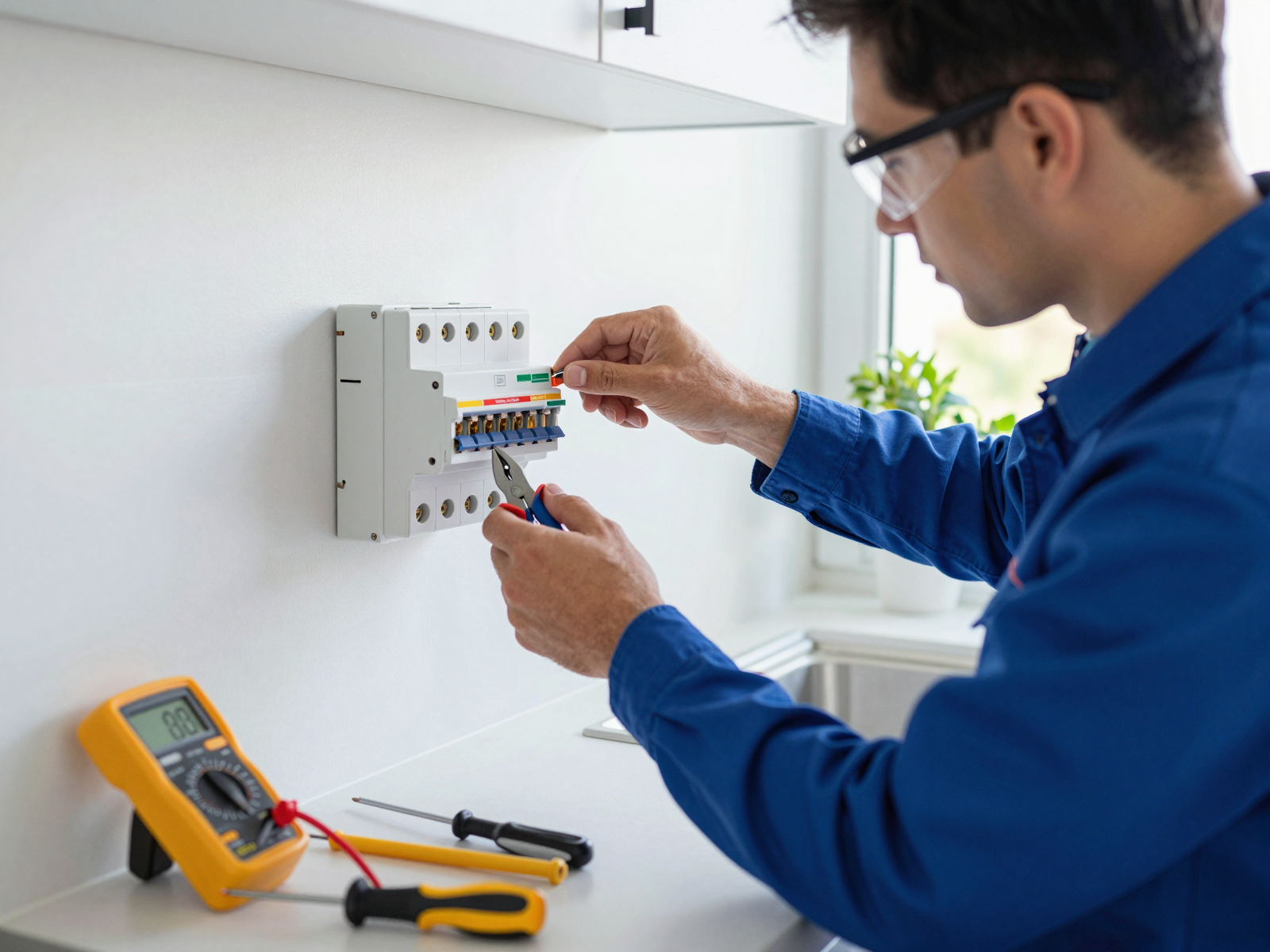 Electrician installing circuit breaker panel
